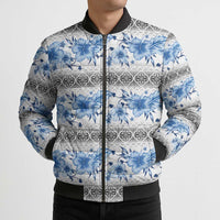 Samoa White Sunday Bomber Puffer Jacket Samoan Tapa Blue Hibiscus - Polynesian Pride