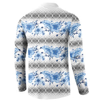 Samoa White Sunday Button Sweatshirt Samoan Tapa Blue Hibiscus - Polynesian Pride