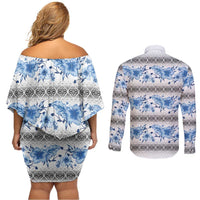 Samoa White Sunday Couples Matching Off Shoulder Short Dress and Long Sleeve Button Shirt Samoan Tapa Blue Hibiscus - Polynesian Pride