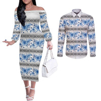 Samoa White Sunday Couples Matching Off The Shoulder Long Sleeve Dress and Long Sleeve Button Shirt Samoan Tapa Blue Hibiscus - Polynesian Pride