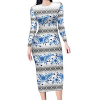 Samoa White Sunday Family Matching Long Sleeve Bodycon Dress and Hawaiian Shirt Samoan Tapa Blue Hibiscus - Polynesian Pride