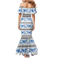 Samoa White Sunday Family Matching Mermaid Dress and Hawaiian Shirt Samoan Tapa Blue Hibiscus - Polynesian Pride