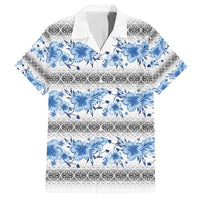 Samoa White Sunday Family Matching Off Shoulder Short Dress and Hawaiian Shirt Samoan Tapa Blue Hibiscus - Polynesian Pride