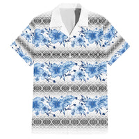 Samoa White Sunday Family Matching Short Sleeve Bodycon Dress and Hawaiian Shirt Samoan Tapa Blue Hibiscus - Polynesian Pride