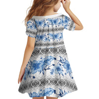 Samoa White Sunday Kid Short Sleeve Dress Samoan Tapa Blue Hibiscus - Polynesian Pride