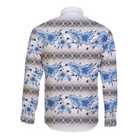 Samoa White Sunday Long Sleeve Button Shirt Samoan Tapa Blue Hibiscus - Polynesian Pride