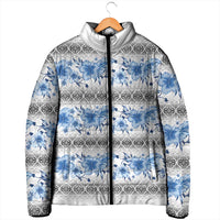 Samoa White Sunday Padded Jacket Samoan Tapa Blue Hibiscus - Polynesian Pride