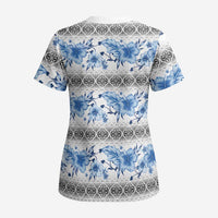 Samoa White Sunday Scrub Top Samoan Tapa Blue Hibiscus - Polynesian Pride