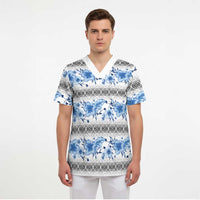 Samoa White Sunday Scrub Top Samoan Tapa Blue Hibiscus - Polynesian Pride