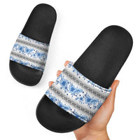 Samoa White Sunday Slide Sandals Samoan Tapa Blue Hibiscus - Polynesian Pride
