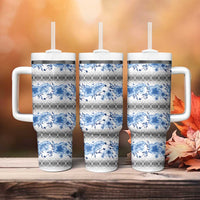 Samoa White Sunday Tumbler With Handle Samoan Tapa Blue Hibiscus - Polynesian Pride