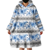 Samoa White Sunday Wearable Blanket Hoodie Samoan Tapa Blue Hibiscus - Polynesian Pride