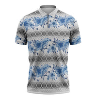 Samoa White Sunday Zipper Polo Shirt Samoan Tapa Blue Hibiscus - Polynesian Pride