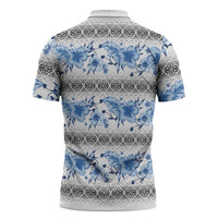 Samoa White Sunday Zipper Polo Shirt Samoan Tapa Blue Hibiscus - Polynesian Pride