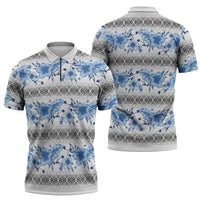 Samoa White Sunday Zipper Polo Shirt Samoan Tapa Blue Hibiscus - Polynesian Pride