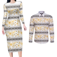Samoa White Sunday Couples Matching Long Sleeve Bodycon Dress and Long Sleeve Button Shirt Samoan Tapa Yellow Hibiscus - Polynesian Pride