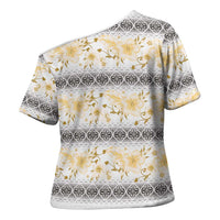 Samoa White Sunday Cross Shoulder Shirt Samoan Tapa Yellow Hibiscus - Polynesian Pride