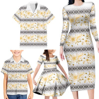 Samoa White Sunday Family Matching Long Sleeve Bodycon Dress and Hawaiian Shirt Samoan Tapa Yellow Hibiscus - Polynesian Pride