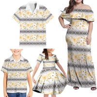Samoa White Sunday Family Matching Off Shoulder Maxi Dress and Hawaiian Shirt Samoan Tapa Yellow Hibiscus - Polynesian Pride