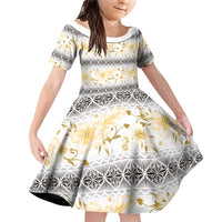 Samoa White Sunday Family Matching Off Shoulder Short Dress and Hawaiian Shirt Samoan Tapa Yellow Hibiscus - Polynesian Pride