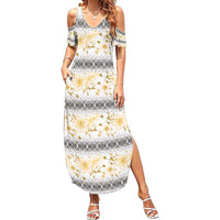 Samoa White Sunday Family Matching Summer Maxi Dress and Hawaiian Shirt Samoan Tapa Yellow Hibiscus - Polynesian Pride