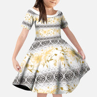 Samoa White Sunday Kid Short Sleeve Dress Samoan Tapa Yellow Hibiscus - Polynesian Pride