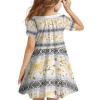 Samoa White Sunday Kid Short Sleeve Dress Samoan Tapa Yellow Hibiscus - Polynesian Pride