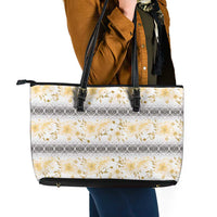 Samoa White Sunday Leather Tote Bag Samoan Tapa Yellow Hibiscus - Polynesian Pride