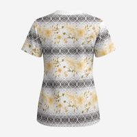 Samoa White Sunday Scrub Top Samoan Tapa Yellow Hibiscus - Polynesian Pride