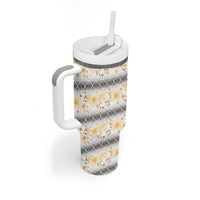 Samoa White Sunday Tumbler With Handle Samoan Tapa Yellow Hibiscus - Polynesian Pride