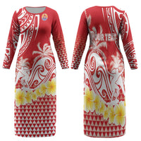 Personalised Tahiti Surfing Family Matching Long Sleeve Bodycon Dress and Hawaiian Shirt Polynesian Style LT05 Mom's Dress Red - Polynesian Pride