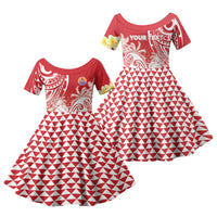 Personalised Tahiti Surfing Family Matching Short Sleeve Bodycon Dress and Hawaiian Shirt Polynesian Style LT05 Daughter's Dress Red - Polynesian Pride