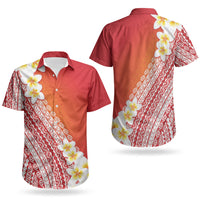 Tahiti Plumeria Tribal Pattern Couples Matching Long Sleeve Bodycon Dress and Hawaiian Shirt Wave Style Red LT05 - Polynesian Pride