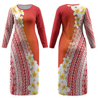 Tahiti Plumeria Tribal Pattern Couples Matching Long Sleeve Bodycon Dress and Hawaiian Shirt Wave Style Red LT05 - Polynesian Pride