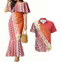 Tahiti Plumeria Tribal Pattern Couples Matching Mermaid Dress and Hawaiian Shirt Wave Style Red LT05 Red - Polynesian Pride