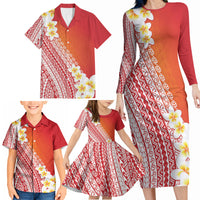 Tahiti Plumeria Tribal Pattern Family Matching Long Sleeve Bodycon Dress and Hawaiian Shirt Wave Style Red LT05 - Polynesian Pride