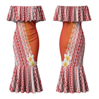 Tahiti Plumeria Tribal Pattern Family Matching Mermaid Dress and Hawaiian Shirt Wave Style Red LT05 Mom's Dress Red - Polynesian Pride