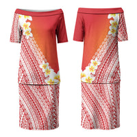 Tahiti Plumeria Tribal Pattern Family Matching Puletasi and Hawaiian Shirt Wave Style Red LT05 Mom's Dress Red - Polynesian Pride