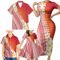 Tahiti Plumeria Tribal Pattern Family Matching Short Sleeve Bodycon Dress and Hawaiian Shirt Wave Style Red LT05 - Polynesian Pride