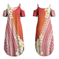 Tahiti Plumeria Tribal Pattern Family Matching Summer Maxi Dress and Hawaiian Shirt Wave Style Red LT05 Mom's Dress Red - Polynesian Pride