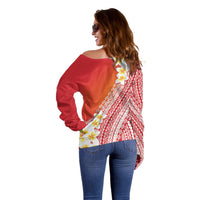 Tahiti Plumeria Tribal Pattern Off Shoulder Sweater Wave Style Red LT05 - Polynesian Pride