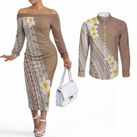 Tahiti Plumeria Tribal Pattern Couples Matching Off The Shoulder Long Sleeve Dress and Long Sleeve Button Shirt Wave Style Brown LT05 Brown - Polynesian Pride