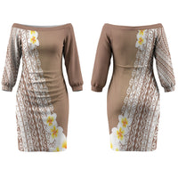 Tahiti Plumeria Tribal Pattern Couples Matching Off The Shoulder Long Sleeve Dress and Long Sleeve Button Shirt Wave Style Brown LT05 - Polynesian Pride