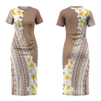 Tahiti Plumeria Tribal Pattern Couples Matching Short Sleeve Bodycon Dress and Hawaiian Shirt Wave Style Brown LT05 - Polynesian Pride