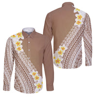 Tahiti Plumeria Tribal Pattern Family Matching Long Sleeve Bodycon Dress and Hawaiian Shirt Wave Style Brown LT05 Dad's Shirt - Long Sleeve Brown - Polynesian Pride