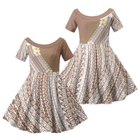 Tahiti Plumeria Tribal Pattern Family Matching Mermaid Dress and Hawaiian Shirt Wave Style Brown LT05 Daughter's Dress Brown - Polynesian Pride