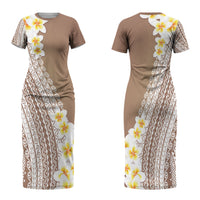 Tahiti Plumeria Tribal Pattern Family Matching Short Sleeve Bodycon Dress and Hawaiian Shirt Wave Style Brown LT05 Mom's Dress Brown - Polynesian Pride
