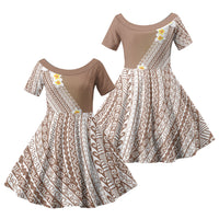 Tahiti Plumeria Tribal Pattern Family Matching Short Sleeve Bodycon Dress and Hawaiian Shirt Wave Style Brown LT05 Daughter's Dress Brown - Polynesian Pride