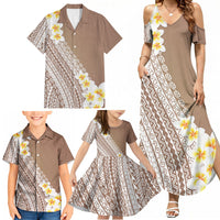 Tahiti Plumeria Tribal Pattern Family Matching Summer Maxi Dress and Hawaiian Shirt Wave Style Brown LT05 - Polynesian Pride