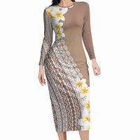 Tahiti Plumeria Tribal Pattern Long Sleeve Bodycon Dress Wave Style Brown LT05 Long Dress Brown - Polynesian Pride